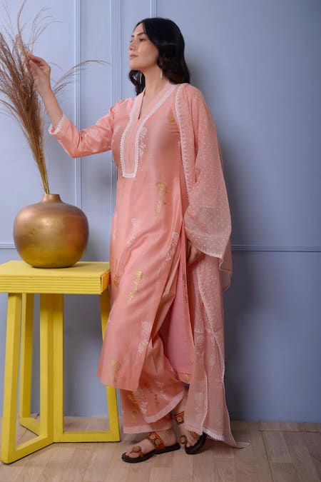 Shop Abbaran Pink Kurta And Dupatta Chanderipalazzo- Cotton Satin Foil Chanderi Palazzo Set Online at Aza Fashions Shop_Abbaran_Pink Kurta And Dupatta Chanderipalazzo- Cotton Satin Foil Chanderi Palazzo Set _Online_at_Aza_Fashions