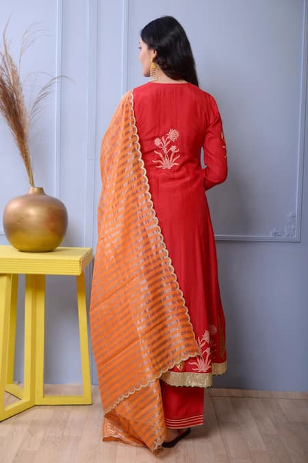 Shop Abbaran Red Anarkali- Silkpalazzo- Satindupatta- Banarasi Silk Set at Aza Fashions Shop_Abbaran_Red Anarkali- Silkpalazzo- Satindupatta- Banarasi Silk Set _at_Aza_Fashions