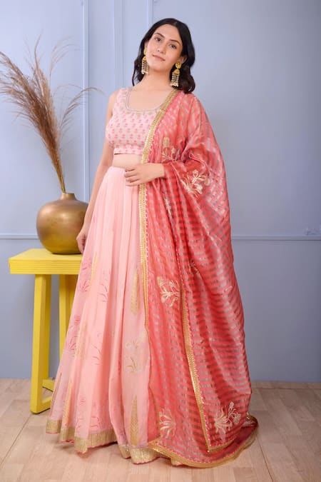 Shop_Abbaran_Pink Blouse And Lehenga Cotton Silk Dupatta Banarasi Golden Stripe Foil Set _Online_at_Aza_Fashions