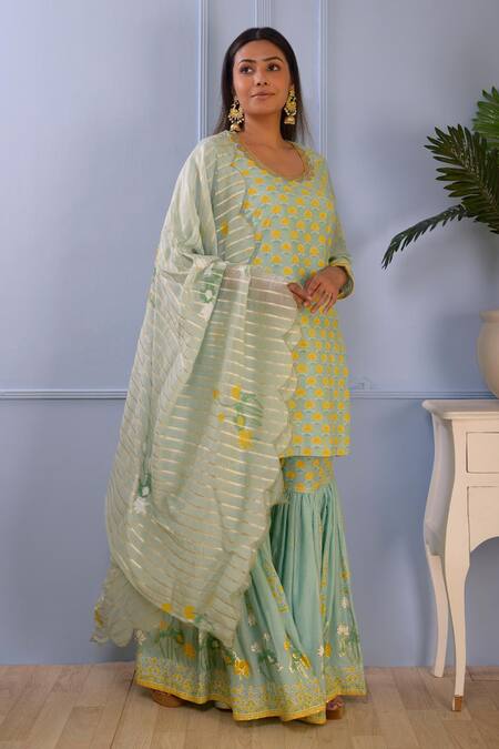Abbaran Green Foil , Hand Block Scoop Neck Floral Kurta Gharara Set Online at Aza Fashions Abbaran_Green Foil , Hand Block Scoop Neck Floral Kurta Gharara Set _Online_at_Aza_Fashions