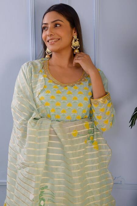 Abbaran Green Foil , Hand Block Scoop Neck Floral Kurta Gharara Set at Aza Fashions Abbaran_Green Foil , Hand Block Scoop Neck Floral Kurta Gharara Set _at_Aza_Fashions