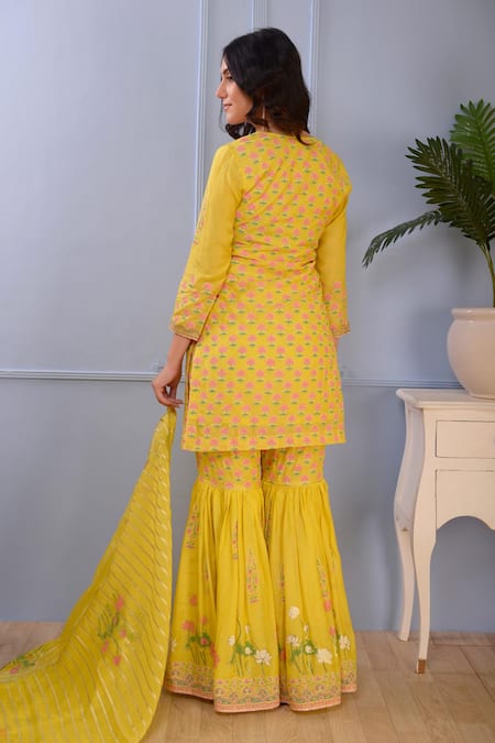 Shop_Abbaran_Yellow Foil , Hand Block Scoop Neck Floral Kurta Gharara Set _at_Aza_Fashions