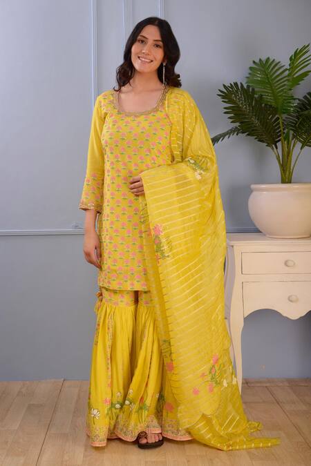 Buy_Abbaran_Yellow Foil , Hand Block Scoop Neck Floral Kurta Gharara Set _Online_at_Aza_Fashions