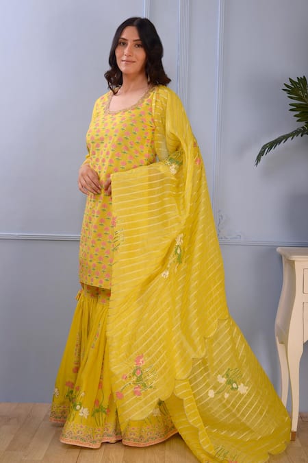 Shop_Abbaran_Yellow Foil , Hand Block Scoop Neck Floral Kurta Gharara Set _Online_at_Aza_Fashions