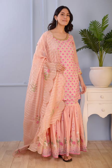 Abbaran Pink Foil , Hand Block Scoop Neck Floral Kurta Gharara Set Online at Aza Fashions Abbaran_Pink Foil , Hand Block Scoop Neck Floral Kurta Gharara Set _Online_at_Aza_Fashions