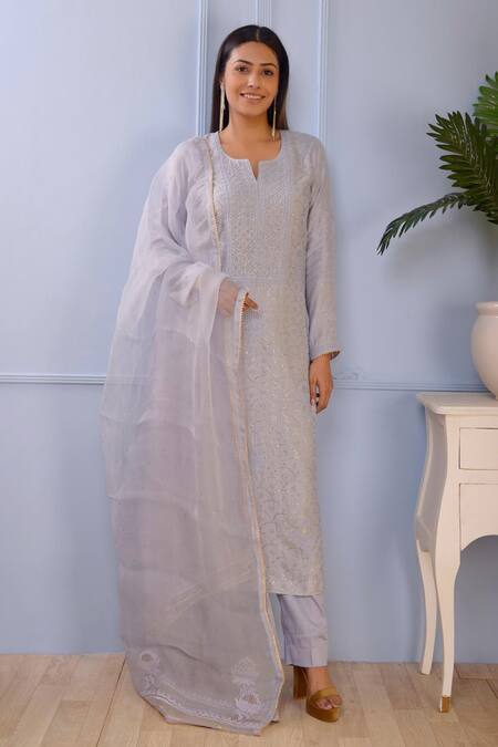 Buy_Abbaran_Blue Kurta- Silk Pant- Satindupatta- Organza Lucknowi Set _Online_at_Aza_Fashions
