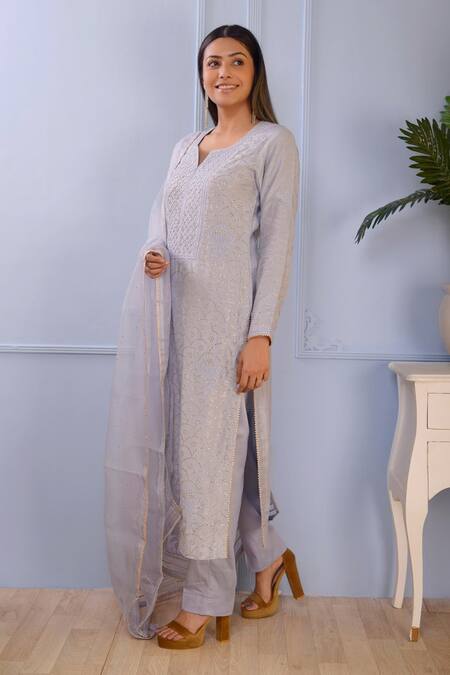 Shop_Abbaran_Blue Kurta- Silk Pant- Satindupatta- Organza Lucknowi Set _Online_at_Aza_Fashions