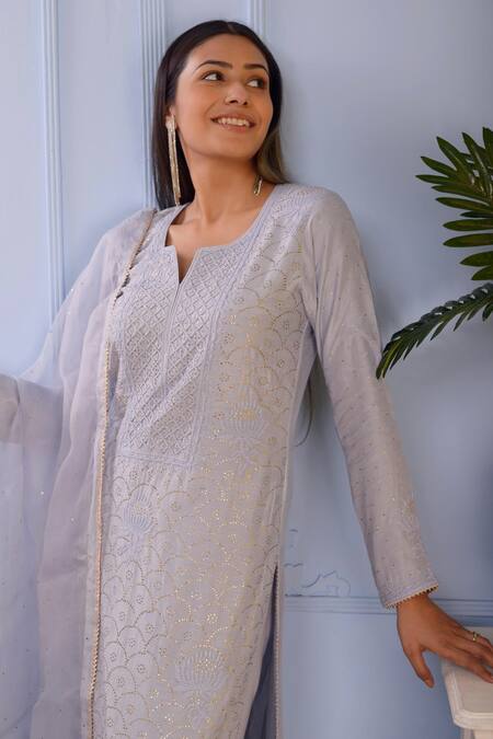 Abbaran_Blue Kurta- Silk Pant- Satindupatta- Organza Lucknowi Set _at_Aza_Fashions