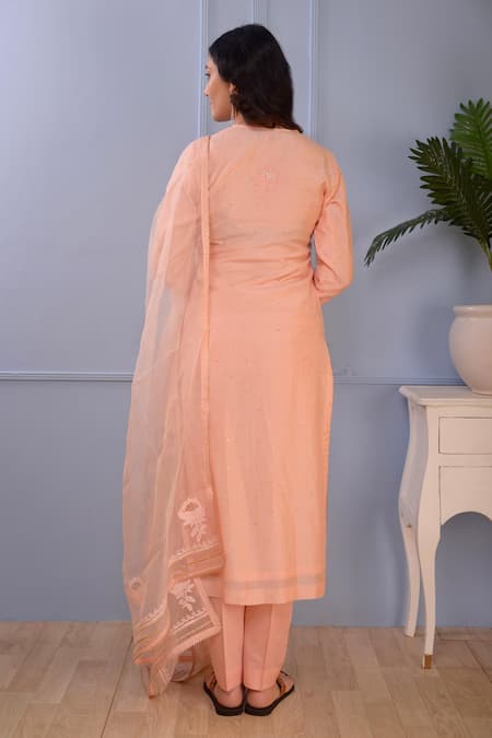 Shop Abbaran Peach Kurta- Silk Pant- Satindupatta- Organza Lucknowi Set at Aza Fashions Shop_Abbaran_Peach Kurta- Silk Pant- Satindupatta- Organza Lucknowi Set _at_Aza_Fashions