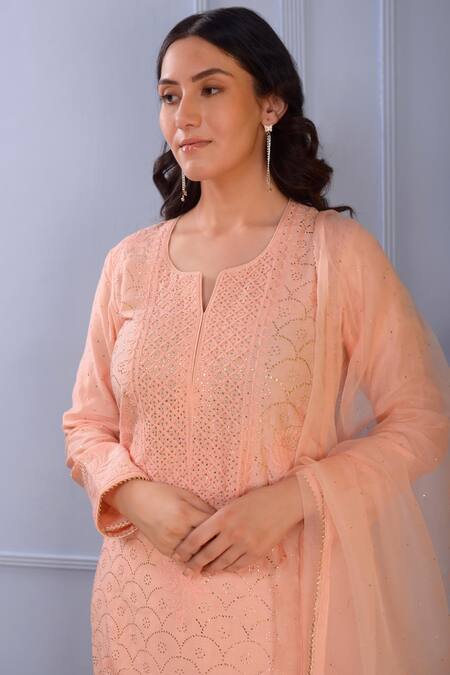 Shop Abbaran Peach Kurta- Silk Pant- Satindupatta- Organza Lucknowi Set Online at Aza Fashions Shop_Abbaran_Peach Kurta- Silk Pant- Satindupatta- Organza Lucknowi Set _Online_at_Aza_Fashions