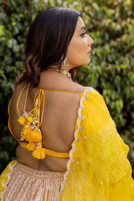 Shop Anjana Bohra Beige Raw Silk, Gajji Silk, Organza Surajmukhi Bandhani Pattern Lehenga Set at Aza Fashions Shop_Anjana Bohra_Beige Raw Silk, Gajji Silk, Organza Surajmukhi Bandhani Pattern Lehenga Set_at_Aza_Fashions