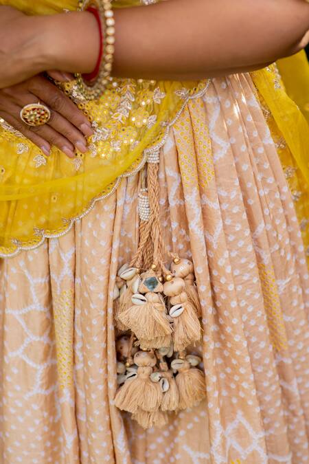 Anjana Bohra Beige Raw Silk, Gajji Silk, Organza Surajmukhi Bandhani Pattern Lehenga Set at Aza Fashions Anjana Bohra_Beige Raw Silk, Gajji Silk, Organza Surajmukhi Bandhani Pattern Lehenga Set_at_Aza_Fashions