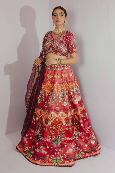 Payal & Zinal_Red Organza, Imported Satin Floral, Metallic, Cheetah V Print Bridal Lehenga Set_Online_at_Aza_Fashions