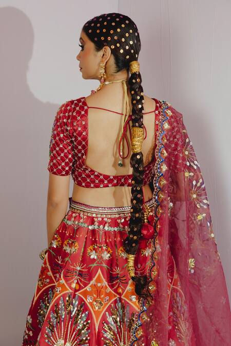 Buy_Payal & Zinal_Red Organza, Imported Satin Floral, Metallic, Cheetah V Print Bridal Lehenga Set_Online_at_Aza_Fashions