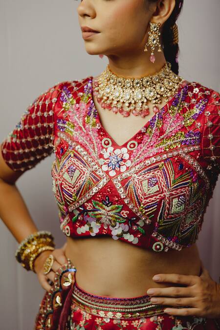 Shop_Payal & Zinal_Red Organza, Imported Satin Floral, Metallic, Cheetah V Print Bridal Lehenga Set_Online_at_Aza_Fashions