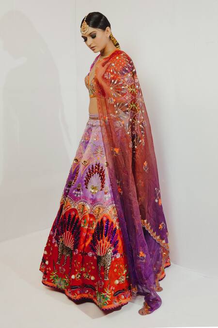 Payal & Zinal_Purple Organza, Imported Satin Metallic V Neck Embroidered Bridal Lehenga Set _Online_at_Aza_Fashions