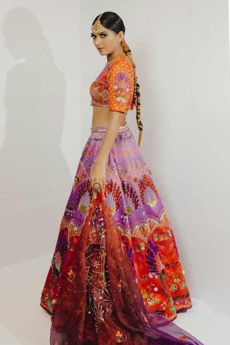 Buy_Payal & Zinal_Purple Organza, Imported Satin Metallic V Neck Embroidered Bridal Lehenga Set _Online_at_Aza_Fashions