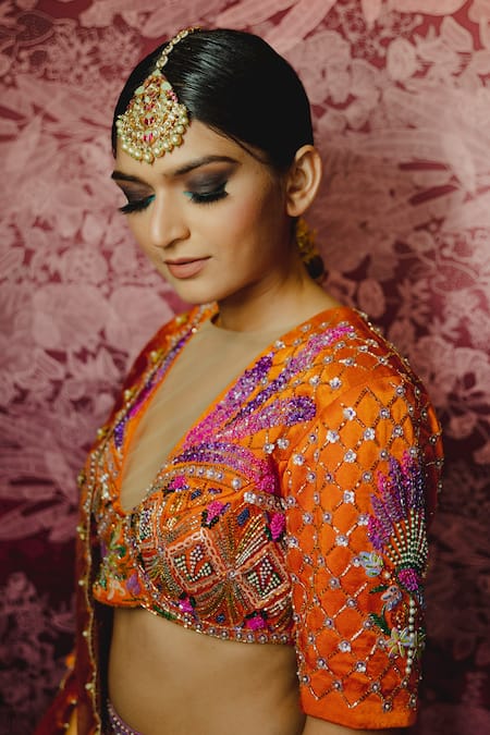 Shop_Payal & Zinal_Purple Organza, Imported Satin Metallic V Neck Embroidered Bridal Lehenga Set _Online_at_Aza_Fashions