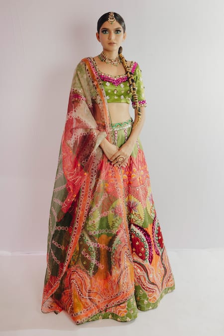 Payal & Zinal_Orange Organza, Imported Satin Floral, Bead V Embroidered Bridal Lehenga Set_Online_at_Aza_Fashions