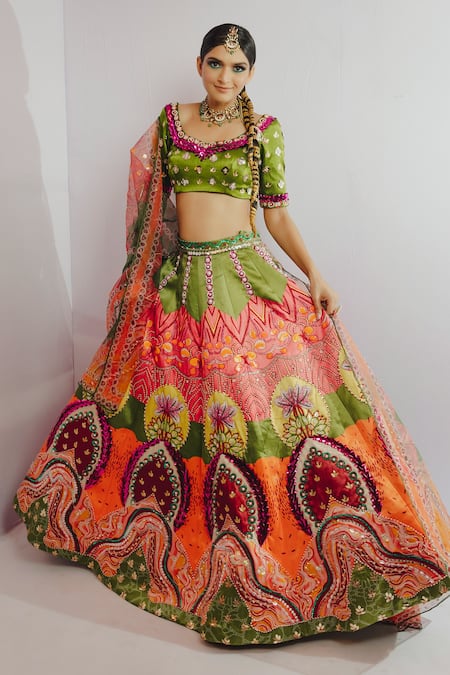 Buy_Payal & Zinal_Orange Organza, Imported Satin Floral, Bead V Embroidered Bridal Lehenga Set_Online_at_Aza_Fashions
