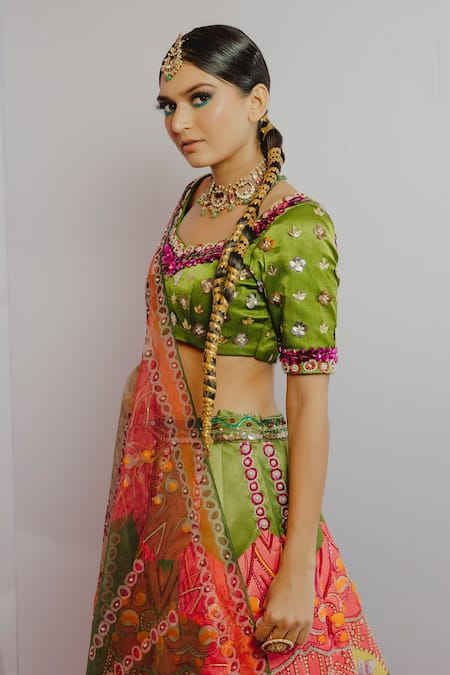 Shop_Payal & Zinal_Orange Organza, Imported Satin Floral, Bead V Embroidered Bridal Lehenga Set_Online_at_Aza_Fashions