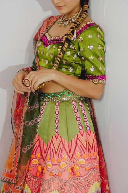 Payal & Zinal_Orange Organza, Imported Satin Floral, Bead V Embroidered Bridal Lehenga Set_at_Aza_Fashions