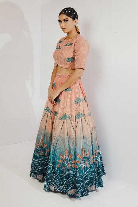Payal & Zinal_Peach Organza, Gajji Silk Floral, Sequin Round Embroidered Lehenga And Blouse Set _Online_at_Aza_Fashions
