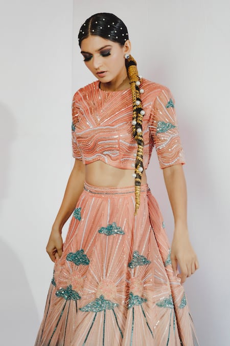 Buy_Payal & Zinal_Peach Organza, Gajji Silk Floral, Sequin Round Embroidered Lehenga And Blouse Set _Online_at_Aza_Fashions