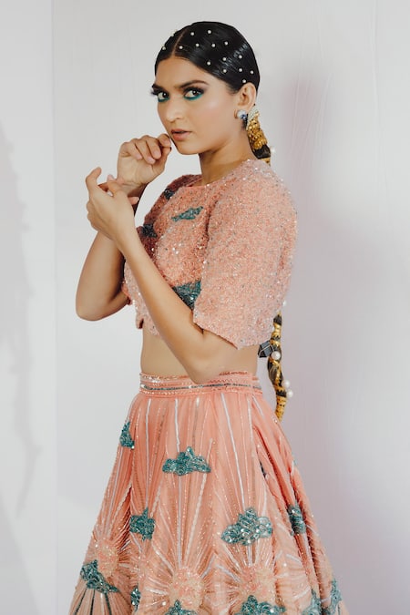 Shop_Payal & Zinal_Peach Organza, Gajji Silk Floral, Sequin Round Embroidered Lehenga And Blouse Set _Online_at_Aza_Fashions
