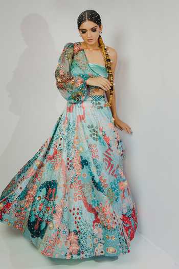 Buy_Payal & Zinal_Blue Organza, Imported Satin Abstract, Sequin Printed Lehenga And Blouse Set _Online_at_Aza_Fashions