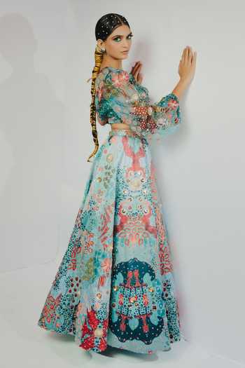 Payal & Zinal_Blue Organza, Imported Satin Abstract, Sequin Printed Lehenga And Blouse Set _Online_at_Aza_Fashions