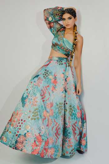 Shop_Payal & Zinal_Blue Organza, Imported Satin Abstract, Sequin Printed Lehenga And Blouse Set _Online_at_Aza_Fashions