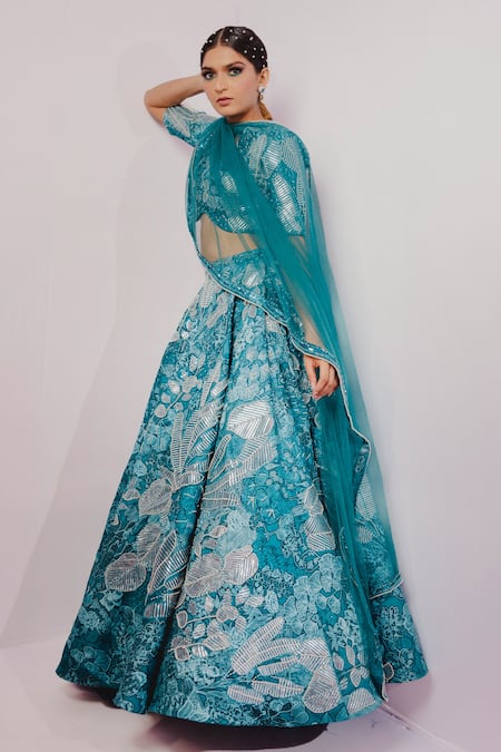 Payal & Zinal_Blue Net, Imported Satin Floral, Bead V Neck Print Bridal Lehenga Set _Online_at_Aza_Fashions