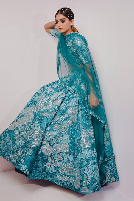 Buy_Payal & Zinal_Blue Net, Imported Satin Floral, Bead V Neck Print Bridal Lehenga Set _Online_at_Aza_Fashions