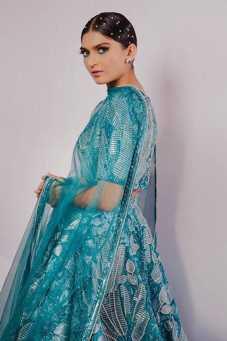 Shop_Payal & Zinal_Blue Net, Imported Satin Floral, Bead V Neck Print Bridal Lehenga Set _Online_at_Aza_Fashions