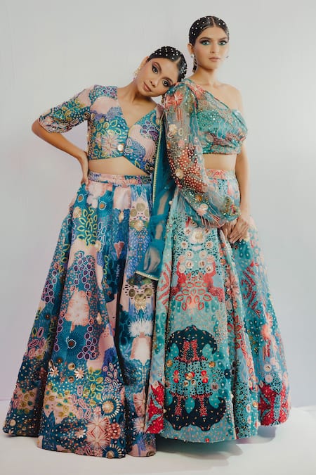 Payal & Zinal_Blue Organza, Imported Satin Bead, Ocean V Neck Print Lehenga Set_Online_at_Aza_Fashions