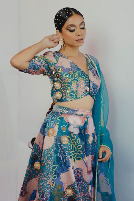 Buy_Payal & Zinal_Blue Organza, Imported Satin Bead, Ocean V Neck Print Lehenga Set_Online_at_Aza_Fashions