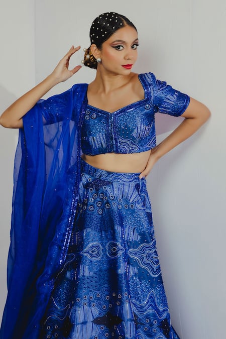Payal & Zinal_Blue Organza, Imported Satin Abstract, Cutdana, Sequin V Neck Print Lehenga Set_Online_at_Aza_Fashions