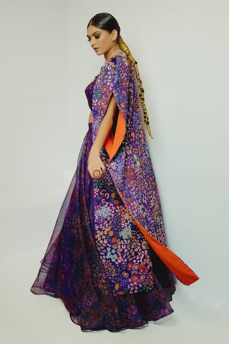 Shop Payal & Zinal Purple Organza, Italian Crepe Abstract, Bead Bustier Printed And Lehenga Set at Aza Fashions Shop_Payal & Zinal_Purple Organza, Italian Crepe Abstract, Bead Bustier Printed And Lehenga Set _at_Aza_Fashions