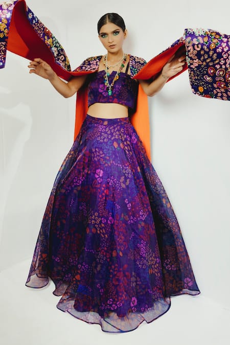 Payal & Zinal Purple Organza, Italian Crepe Abstract, Bead Bustier Printed And Lehenga Set Online at Aza Fashions Payal & Zinal_Purple Organza, Italian Crepe Abstract, Bead Bustier Printed And Lehenga Set _Online_at_Aza_Fashions