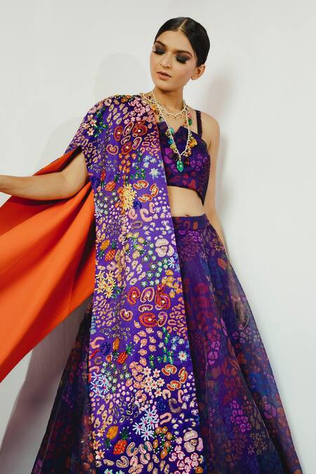 Buy Payal & Zinal Purple Organza, Italian Crepe Abstract, Bead Bustier Printed And Lehenga Set Online at Aza Fashions Buy_Payal & Zinal_Purple Organza, Italian Crepe Abstract, Bead Bustier Printed And Lehenga Set _Online_at_Aza_Fashions