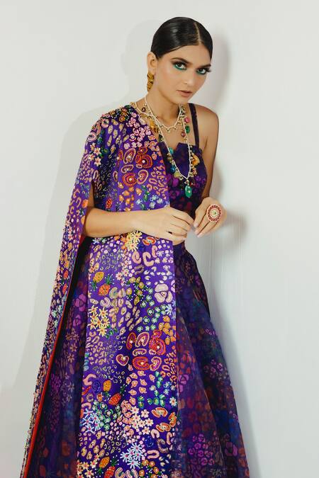 Shop Payal & Zinal Purple Organza, Italian Crepe Abstract, Bead Bustier Printed And Lehenga Set Online at Aza Fashions Shop_Payal & Zinal_Purple Organza, Italian Crepe Abstract, Bead Bustier Printed And Lehenga Set _Online_at_Aza_Fashions