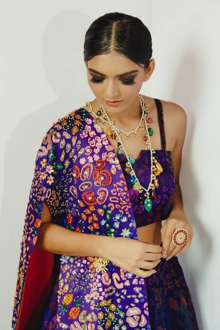 Payal & Zinal Purple Organza, Italian Crepe Abstract, Bead Bustier Printed And Lehenga Set at Aza Fashions Payal & Zinal_Purple Organza, Italian Crepe Abstract, Bead Bustier Printed And Lehenga Set _at_Aza_Fashions