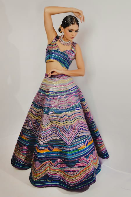 Payal & Zinal Multi Color Imported Satin Embroidery Metallic Sweetheart Lehenga And Blouse Set 