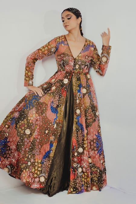 Payal & Zinal_Green Organza, Gajji Silk Bead, Ocean V Neck Print Shrug And Lehenga Set _Online_at_Aza_Fashions