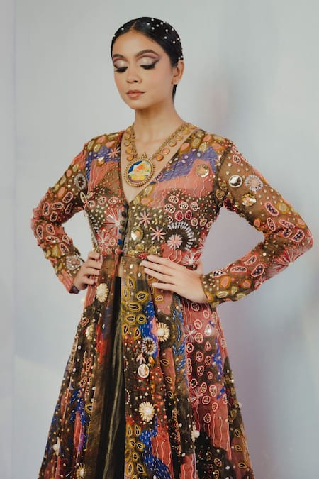 Buy_Payal & Zinal_Green Organza, Gajji Silk Bead, Ocean V Neck Print Shrug And Lehenga Set _Online_at_Aza_Fashions