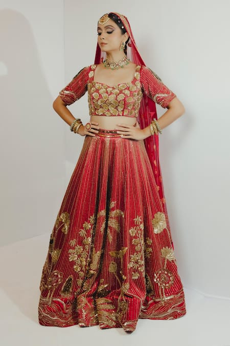 Orange Zardozi Embroidered Lehenga Set by Jayanti Reddy