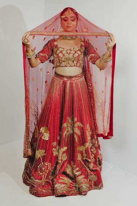Payal & Zinal_Red Net, Gajji Silk Bird, Floral, Banana Tree, Embroidered Bridal Lehenga Set _Online_at_Aza_Fashions