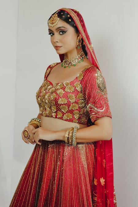 Shop_Payal & Zinal_Red Net, Gajji Silk Bird, Floral, Banana Tree, Embroidered Bridal Lehenga Set _Online_at_Aza_Fashions