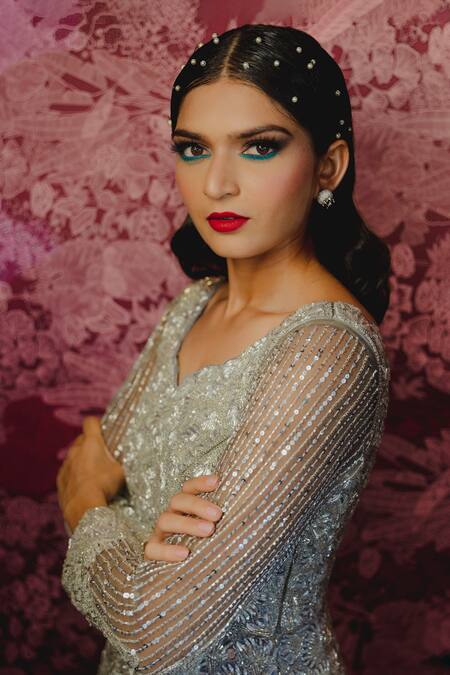 Shop Payal & Zinal Silver Net, Gajji Silk Sequin, Ginkgo Leaf Neck Embroidered Gown Online at Aza Fashions Shop_Payal & Zinal_Silver Net, Gajji Silk Sequin, Ginkgo Leaf Neck Embroidered Gown _Online_at_Aza_Fashions